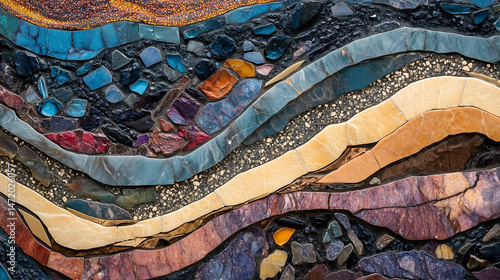 Detailed view of multicolor marble mosaic with small inlaid pieces.