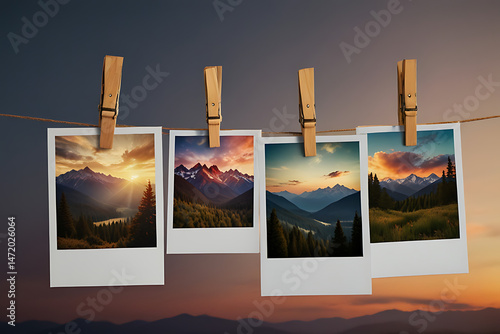 Photos hanging on a clothesline under the sky.