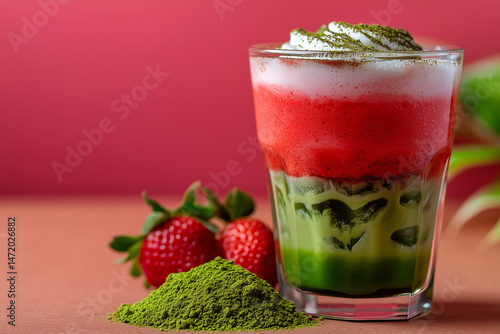 Delightful layered strawberry and matcha dessert drink garnished with whipped cream and fresh strawberries