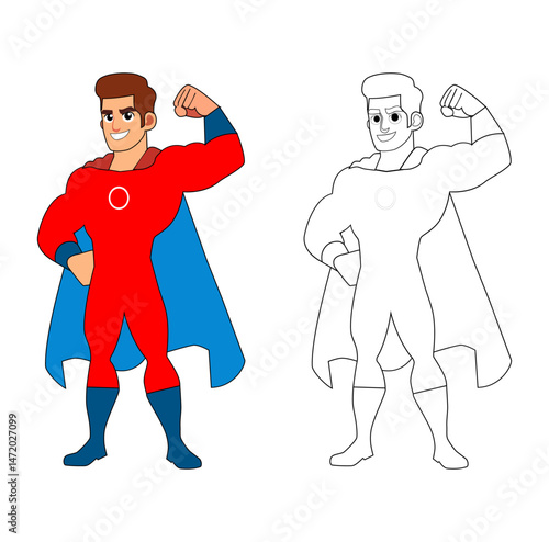 Cartoon Man Super Hero Make Muscular Pose Art Coloring Digital Vectors Illustration