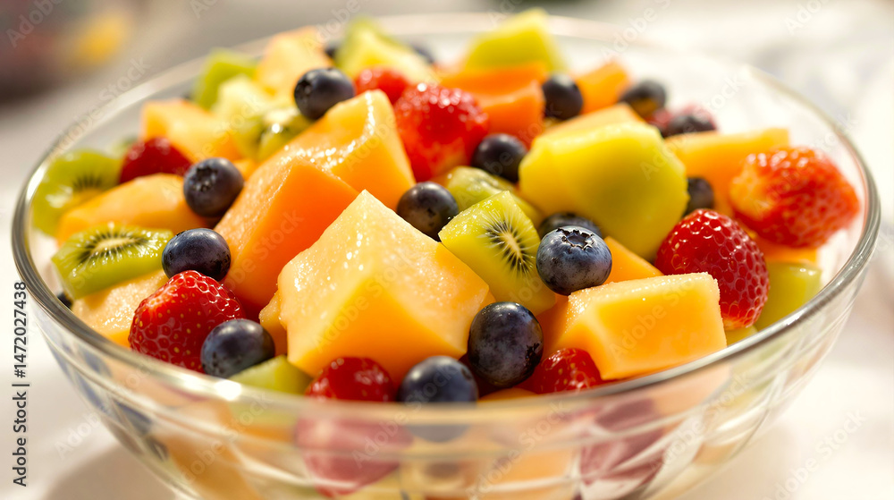 Fresh Colourful Fruit Salad in Glass Bowl - Healthy Breakfast Fresh Colourful Fruit Salad in Glass Bowl - Healthy Breakfast