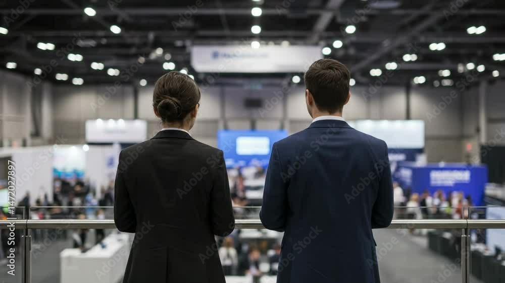 Two Professionals Observing a Conference: A Man and Woman in Formal Attire Looking Over a Busy Exhibition Hall Filled with Attendees and Stalls Two Professionals Observing a Conference: A Man and Woman in Formal Attire Looking Over a Busy Exhibition Hall Filled with Attendees and Stalls