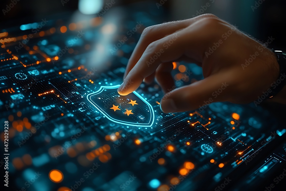 Naklejka premium Digital security and data protection concept with glowing shield icon and circuit board