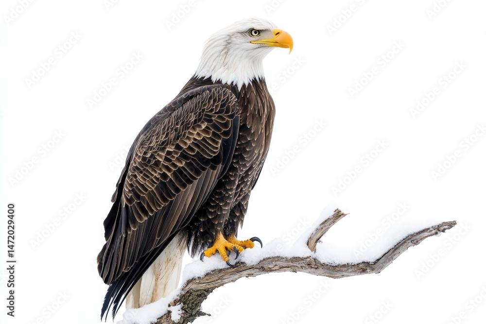 Fototapeta premium Majestic bald eagle perched on a snow-covered branch, looking alert and poised in a minimalist, wintry scene.