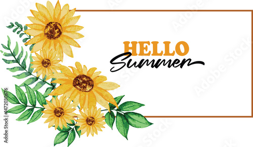 Hello summer with sunflower Concept Vector Illustration, Hello Summer Sunflower Sign, hello summer with sunflowers watercolour, hello summer card collection, 