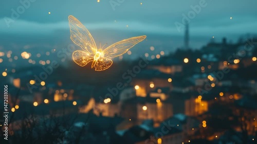 A digital butterfly glows in the evening air, surrounded by sparkling particles against a city skyline at dusk