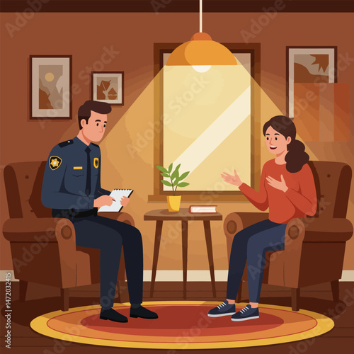 Officer Interviewing Woman in Cozy Room with Warm Lighting