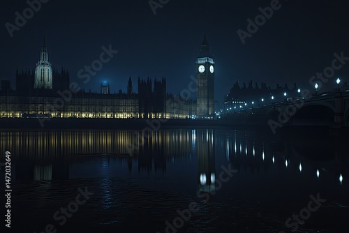 Night view of the Houses of Parliament in London.  Reflections in the Thames River