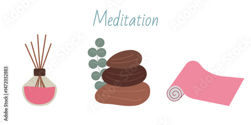 Meditation time set. Hand drawn elements collection: massage stones, mat, aromatic diffuser. Vector flat illustration of meditation stuff, equipments, yoga accessories