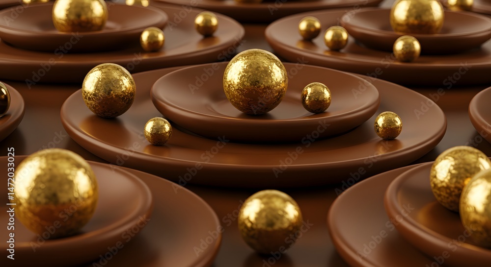 Intricate golden spheres resting on smooth brown dishes creating a visually captivating and artistic composition, exuding elegance and sophistication Intricate golden spheres resting on smooth brown dishes creating a visually captivating and artistic composition, exuding elegance and sophistication