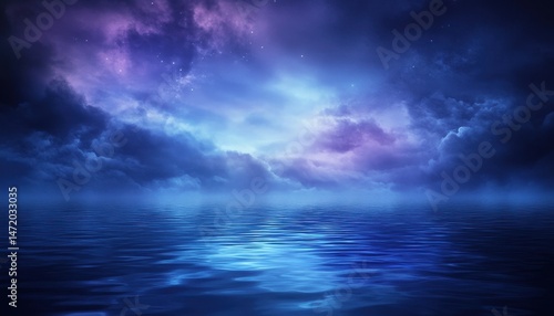 Dramatic Night Sky and Ocean with Deep Blue Hue a Dreamy Scenery with Dark Stormy Clouds Rippling Water Surface Creating an Abstract Cosmic Landscape