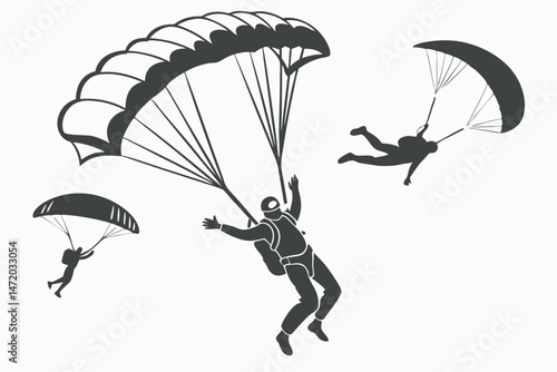 Parachuting silhouettes skydiving illustration adventure sport adrenaline graphic design element