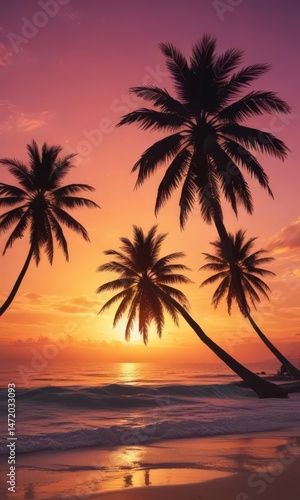 Palm trees silhouette against vibrant sunset, sandy beach, film scratches,  art,  palm tree silhouette,  nature photography