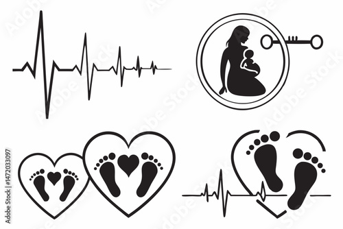 Collection of silhouette icons related to pregnancy birth and newborn life