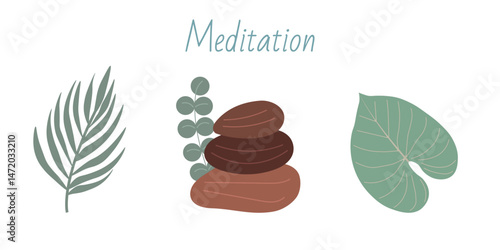 Meditation time set. Hand drawn elements collection: massage stones, leaves. Vector flat illustration of meditation stuff, equipments, yoga accessories