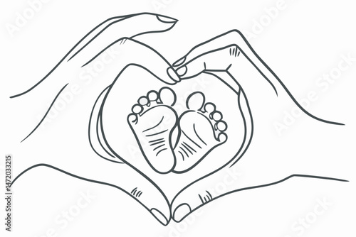Baby feet held in heart shaped hands sketch illustration