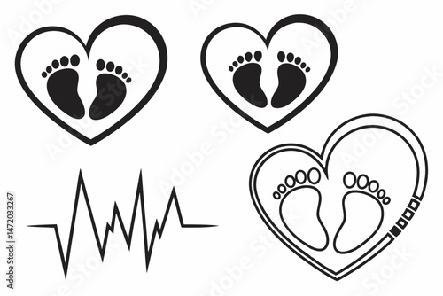 Black and white baby footprints in hearts with heartbeat line vector art