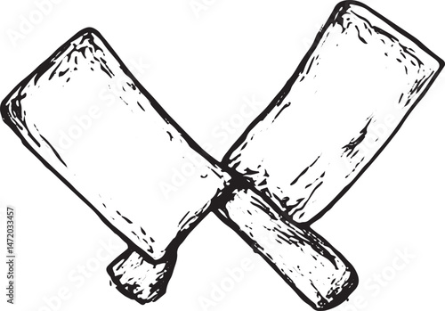 Black and white sketch of a cleaver and knife crossed with parsley, symbolizing butchery and cooking. Ideal for culinary, kitchen, or butcher-themed designs, perfect for menus or cookbooks