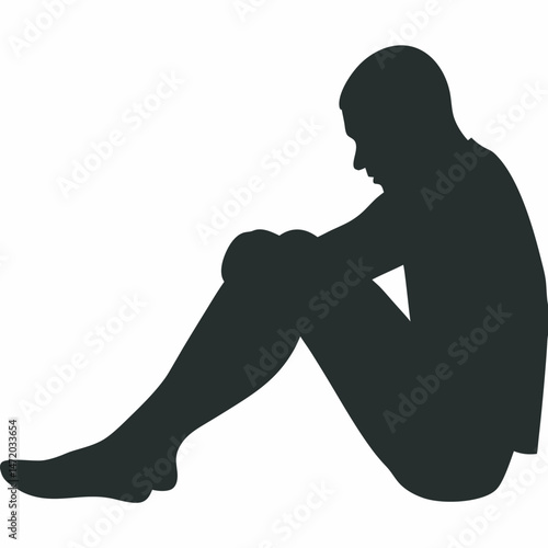 Silhouette of a pensive man sitting with knees upward vector illustration