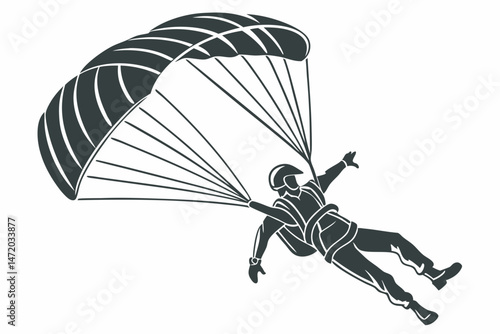 Skydiver silhouette descending with parachute gliding through the air in monochrome style