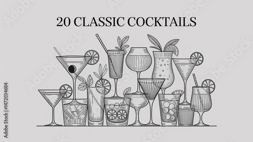 A black and white line art illustration of 20 classic cocktails arranged in three rows against a light gray background.