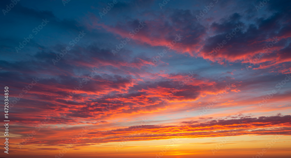 Fototapeta premium Fiery Sky: Breathtaking Sunset Cloudscape in Brilliant Orange & Blue Hues | Nature's Canvas