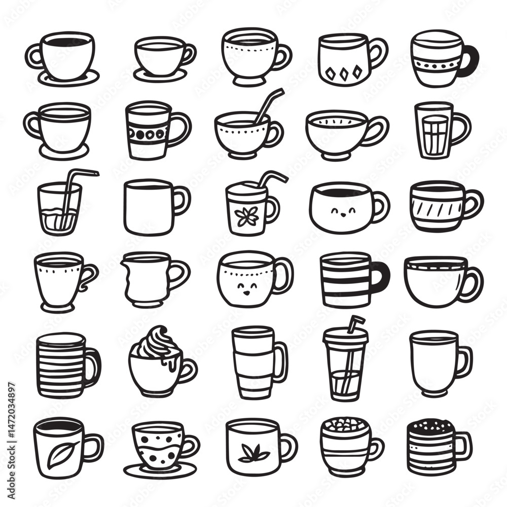 Obraz premium Set of Tea or coffee cup vector doodle hand drawn line illustration. In cute cartoon style for your projects