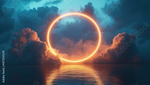 Glowing Orange Circle Reflecting on Calm Ocean at Twilight Under Dramatic Cloudy Sky in Night with Dark Blue Hue