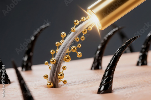 Realistic illustration of hair treatment and scalp care promoting hair growth and health with gold molecular structure