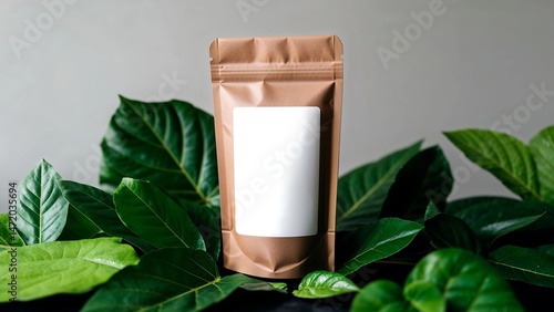 A product photograph with a focus on a brown, resealable stand-up pouch placed among lush green leaves.