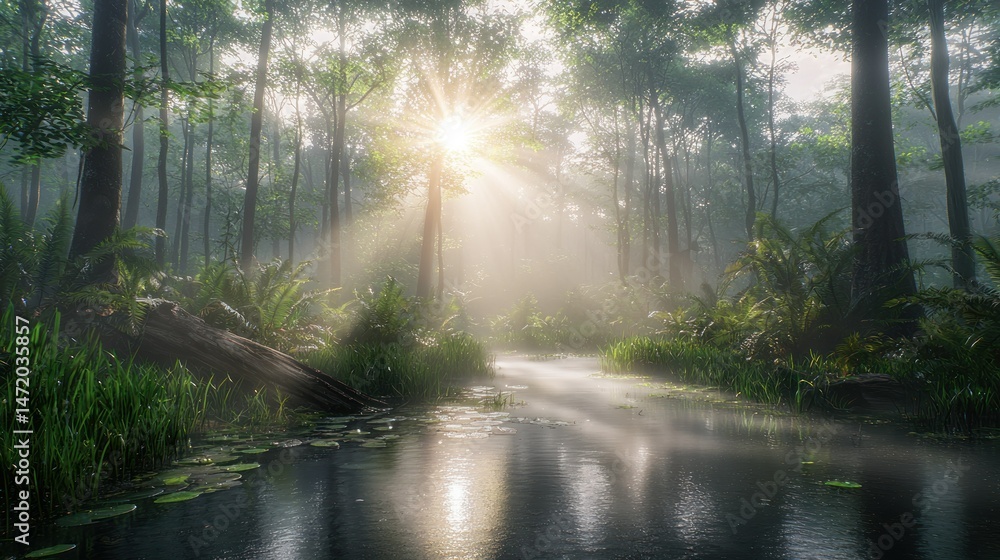 Obraz premium Sunbeams pierce a misty forest path, illuminating a tranquil stream. Lush greenery and tranquil water