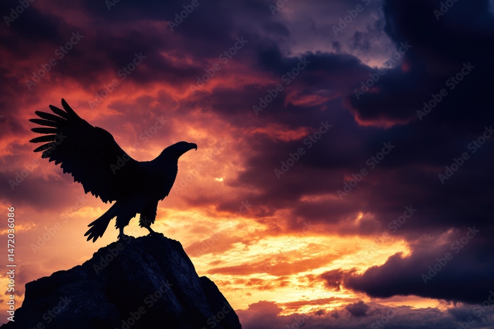 Fototapeta premium An eagle silhouette perched on a rock against a vibrant sunset sky, creating a dramatic and inspiring scene.