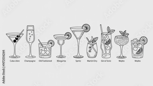 A black and white line art illustration of 20 classic cocktails arranged in three rows against a light gray background.