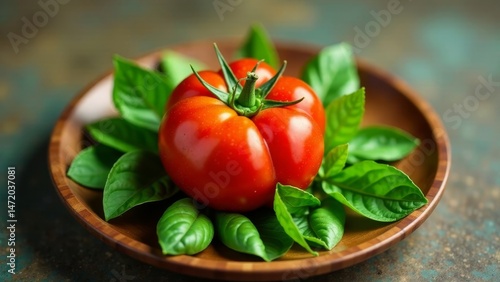 A single ripe heirloom tomato nestled on a bed of fresh basil leaves, presented on a rustic wooden plate