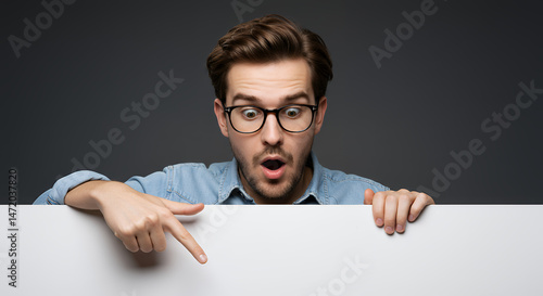 Shocked Man Pointing Down: Discover the Unexpected! Curious Reaction, Presentation Ready, Modern Mockup Space Awaits!