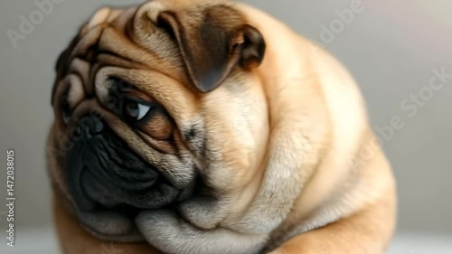 Curious and chubby pug dog sitting upright