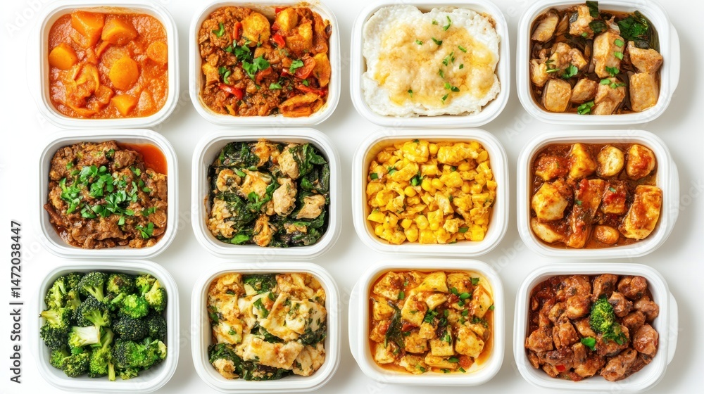 Variety of prepared meals in individual containers Variety of prepared meals in individual containers