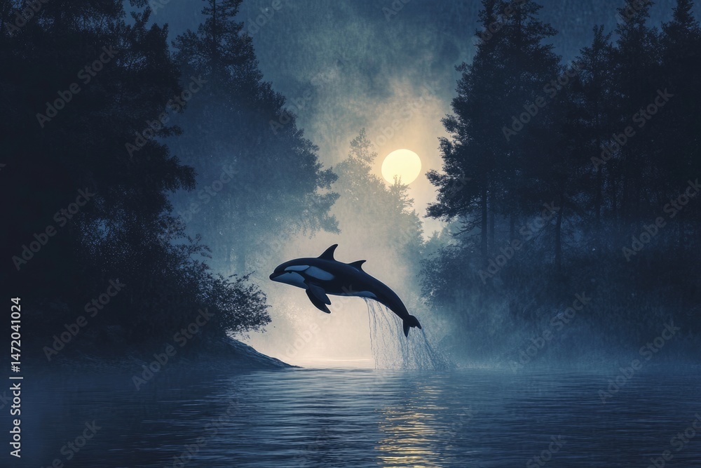 Fototapeta premium A majestic orca leaps from the water under a full moon, surrounded by misty forest.