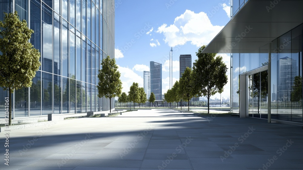 Fototapeta premium D building rendering of a glass skyscraper in urban environment with surrounding streets and trees