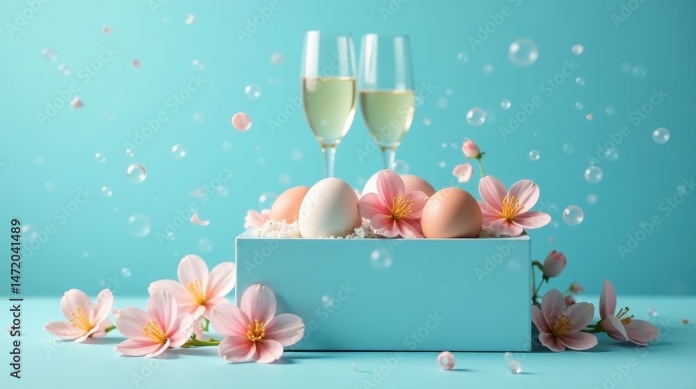Pastel Easter Eggs Nestled in a Light Blue Box with Delicate Blossoms and Sparkling Champagne Flutes Pastel Easter Eggs Nestled in a Light Blue Box with Delicate Blossoms and Sparkling Champagne Flutes