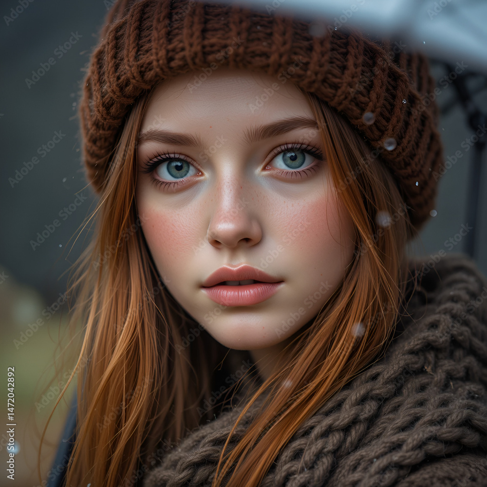 Autumn portrait in the rain. Close-up of a young red-haired woman with expressive green eyes in a knitted hat under an umbrella. Autumn portrait in the rain. Close-up of a young red-haired woman with expressive green eyes in a knitted hat under an umbrella.