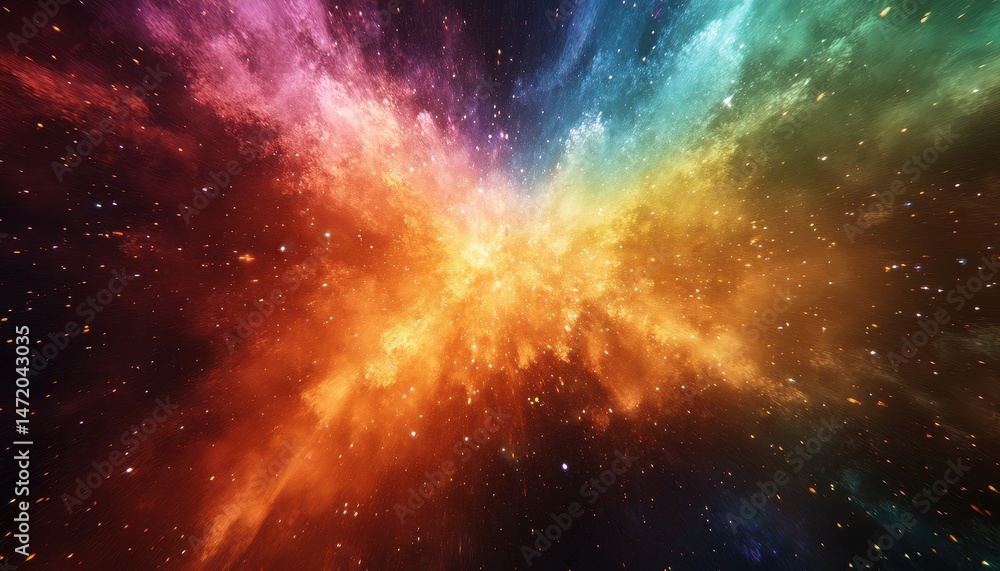 Obraz premium Vibrant Cosmic Explosion of Colorful Nebula and Stars in Deep Space with Abstract Energy Clouds Dust and Sparks Creates a Futuristic Art Background