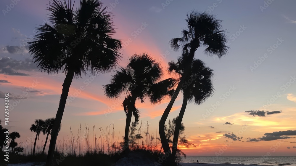 Obraz premium Sunset Over Palm Trees Silhouetted Against Colorful Sky