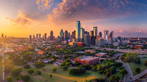 Aerial view of dallas cityscape at sunset with dramatic sky and green spaces in the foreground area