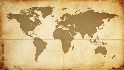 Intricate World Map Etched on Aged Paper with Faded Grandiosity, Perfect for Vintage and Historical Themes