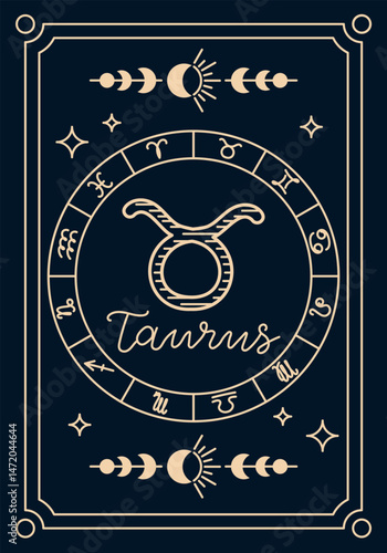 Vector zodiac card with Taurus symbol in the center surrounded by astrology signs and moon phases. Concept of horoscope, celestial mysticism and astrological identity