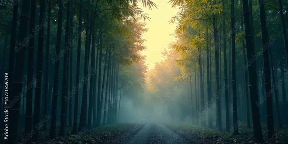 Obraz premium Mystical Bamboo Forest Path A Serene Sunrise Through Misty Trees