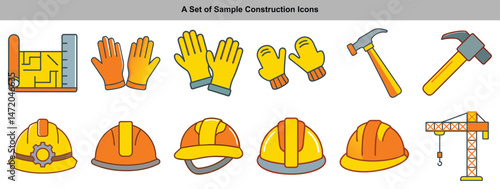 Construction Set with Blueprint, Safety Helmets, Gloves, Hammers, Crane on White