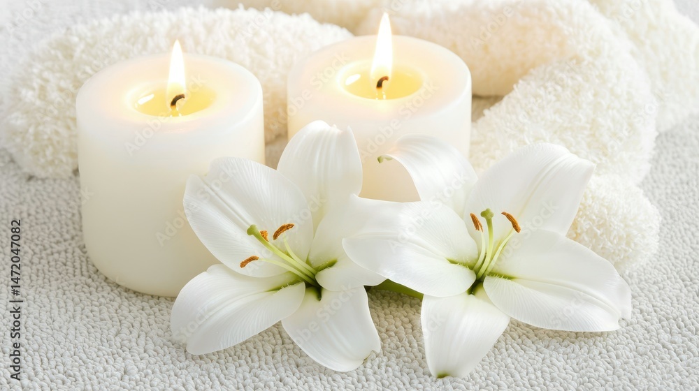 Serenity with White Candles and Lilies on Soft Texture Background Serenity with White Candles and Lilies on Soft Texture Background