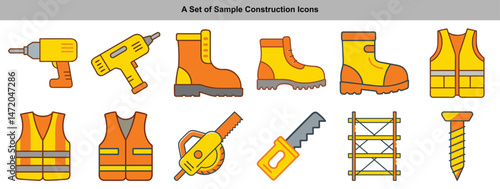 Construction Tools Icon Set, Yellow Drills, Orange Boots, Saw and Safety Vests